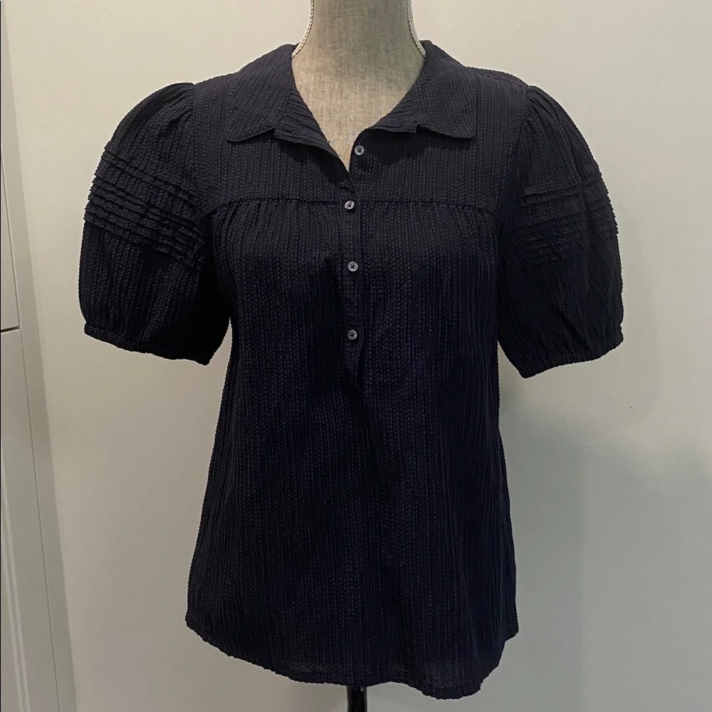 Hudson North Linen Puff Sleeve Blouse Navy Blue Textured Top Size Medium - Picture 11 of 16